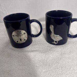 Cobolt Blue 10oz Mugs Set Of 2 W/Raised Pewter Sand Dollar& Pelican